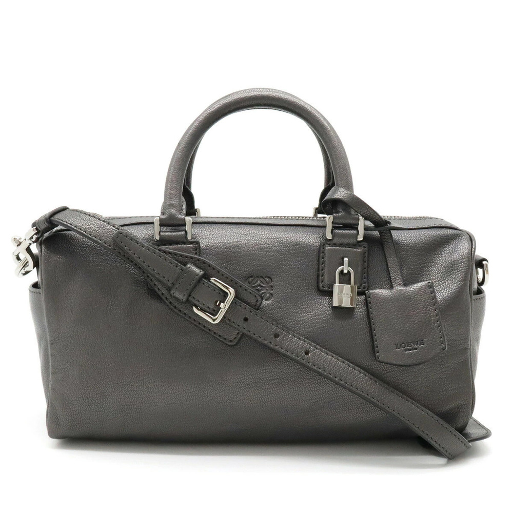 Loewe Ame Anagram Handbag Boston Bag Shoulder Metallic Leather Dark Gray